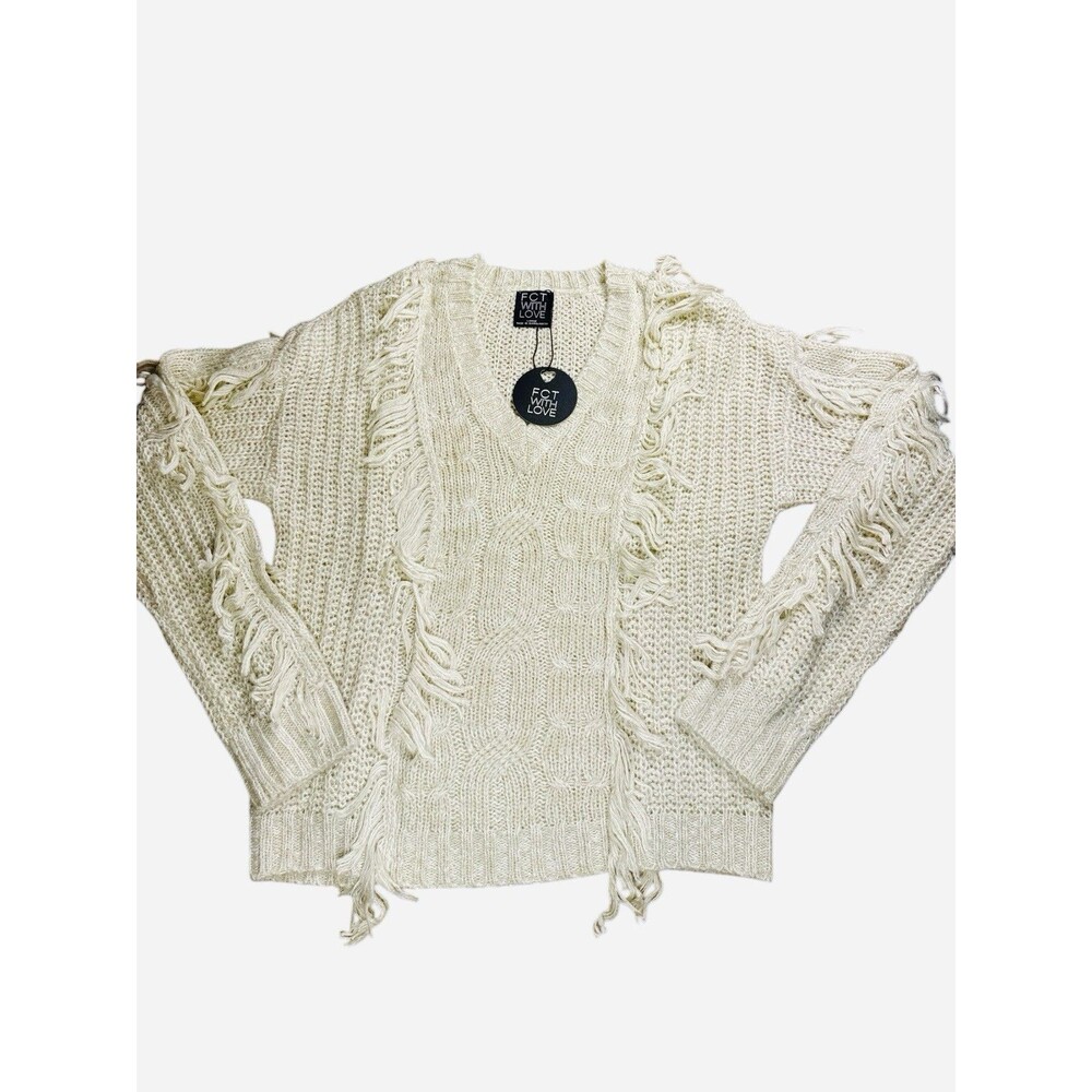 FCT With Love Fringe Cable Knit Sweater Cream V-Neck Chunky Pullover Large Boho‎